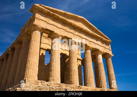 Agrigento, Sicily, Italy. Towering west front of the Temple of Concordia, Valley of the Temples. Stock Photo