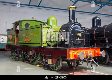 York, North Yorkshire, England. 1869 NER Aerolite steam locomotive on display at the National Railway Museum. Stock Photo