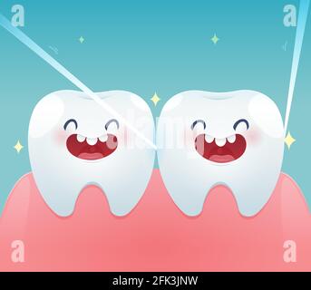 Cartoon teeth with dental floss for healthcare - Brushing teeth flossing, Dental floss - illustration and vector design Stock Vector