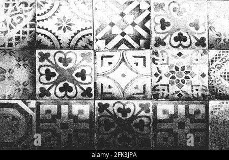 Distressed overlay texture of ceramic tiles, mosaic, paving stones with ornament. grunge background. abstract halftone vector illustration. Stock Vector