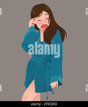illustration woman in green robe yawning against the brown color background, People who wake up late, Cartoon and vector Stock Vector