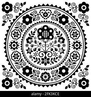 Polish folk art vector greeting card design with floral mandala design in black and white inspired by old traditional Polish embroidery Lachy Sadeckie Stock Vector