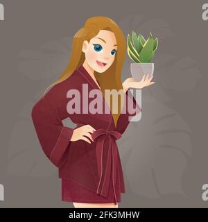 Woman in red robe holding air purifying plant in gray pot on the brown background, Snake plant or Sansevieria trifasciata Stock Vector