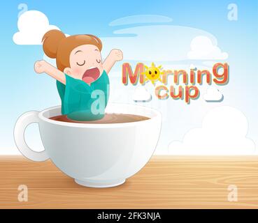 Illustration woman in green robe brushing teeth against gray background ...