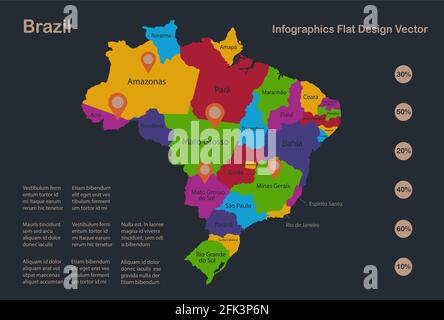 Infographics Brazil map, flat design colors, with names of individual regions, blue background with orange points vector Stock Vector