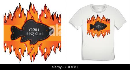 Graphic design of carp BBQ and grill t-shirts, grilled fish on fire, blackboard with chalk text vector Stock Vector