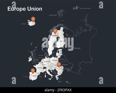 European Union map, Infographics flat design colors snow white, with names of individual states vector Stock Vector