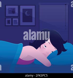 illustration woman lying in bed suffering from insomnia lying in bed at night. The concept with vector design Stock Vector