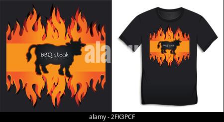 Graphic design of black cow BBQ and grill t-shirts, grilled beef on fire, black board with chalk text vector Stock Vector