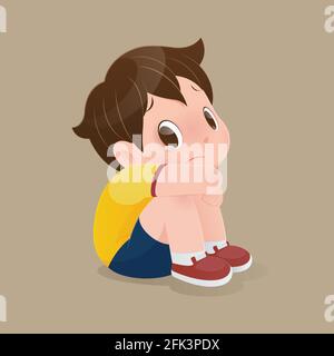 Illustration of a boy in a yellow shirt sitting crying on the floor, Cartoon kid sitting alone with sad feeling at home, Concept with vector design Stock Vector