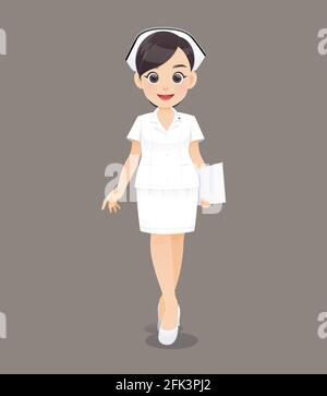Cartoon woman doctor or nurse in white uniform holding a clipboard, Smiling female nursing staff, Vector illustration in character design Stock Vector