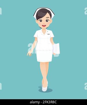 Cartoon woman doctor or nurse in white uniform holding a clipboard, Smiling female nursing staff, Vector illustration in character design Stock Vector