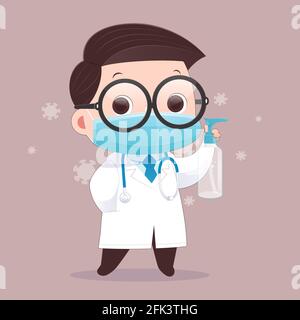The doctor wears a medical mask and carries alcohol gel for washing hands. Vector flat character illustration design. Stock Vector