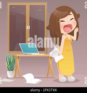 Cartoon woman yawning because they work at night at home. Lady prepares for the coronavirus work from the home requirement. Protecting Covid 19. flat Stock Vector