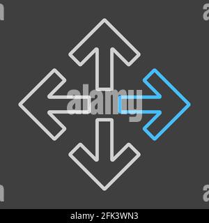 Four arrows pointing from the center vector icon on dark background. Navigation sign. Graph symbol for travel and tourism web site and apps, UI Stock Vector