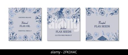 Set of hand drawn flax frames. Vector illustration in sketch style for linen seeds and oil packaging Stock Vector