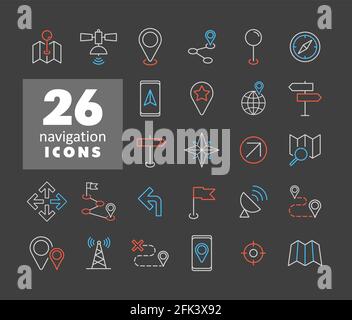 Maps, location, navigation vector icons set on dark background. Graph symbol for travel and tourism web site and apps design, logo, app, UI Stock Vector