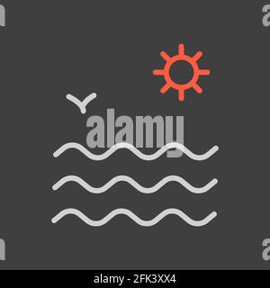 Sea waves and sun flat vector icon on dark background. Summer sign. Graph symbol for travel and tourism web site and apps design, logo, app, UI Stock Vector