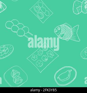 Japanese cuisine transparent seamless pattern. Design sketch element for menu cafe, bistro, restaurant, bakery, packaging and other things.  Vector Stock Vector