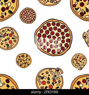 Pizza seamless pattern. Design sketch element for menu cafe, bistro, restaurant, bakery, packaging and other things.  Vector illustration. Stock Vector