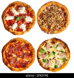 Isolated many different pizza menu design collage Stock Photo