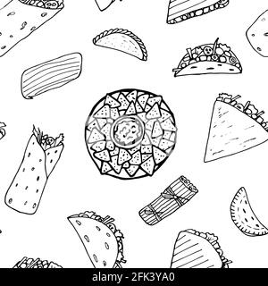 Mexican cuisine transparent seamless pattern. Design sketch element for menu cafe, bistro, restaurant, bakery, packaging and other things.  Vector Stock Vector