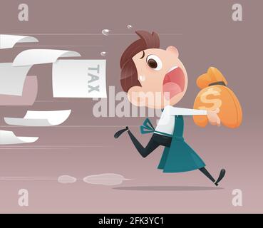 Business people avoid taxation, The merchant cartoon running away from tax. Face mask out of stock, Flat character illustration design Stock Vector