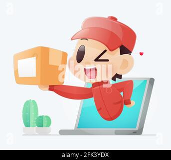 Delivery man brings a goods to a customer from notebook, Successful delivery, Vector illustration, Concept with online shopping and services. Stock Vector