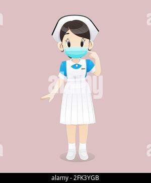 Nursing student wearing a medical mask or surgical mask and a white-blue uniform stands on a pink background. Female nurse staff. Vector illustration Stock Vector