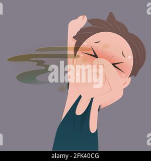 A man wearing green vest smelling his bad smell wet armpit and Body odor against gray background, Vector illustration Stock Vector