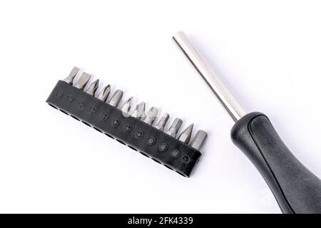Set of metal working tools on white background. Stock Photo