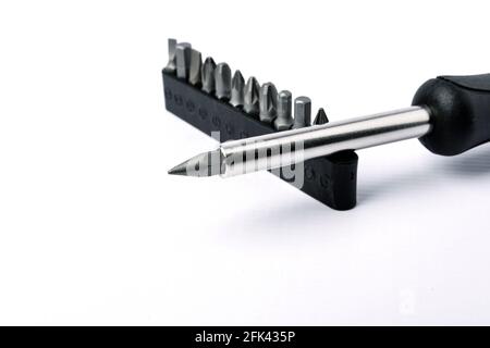 Set of metal working tools on white background. Stock Photo