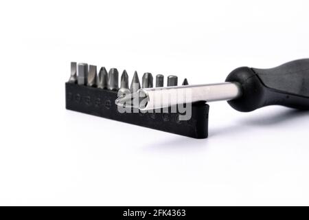 Set of metal working tools on white background. Stock Photo