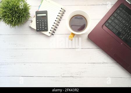 flat composition of laptop and office stationary on office desk  Stock Photo