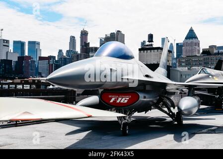 New York City, USA - June 21, 2018: F-16 General Dynamics Aircraft in Intrepid museum in New York. The USS Intrepid hosts the Intrepid Sea, Air and Sp Stock Photo