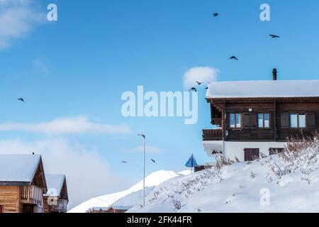 View of the Swiss alps village Bettmeralp in Canton Vaud. It is one of the famous winter sport resort near the Unesco heritage Aletch Glacier. Stock Photo