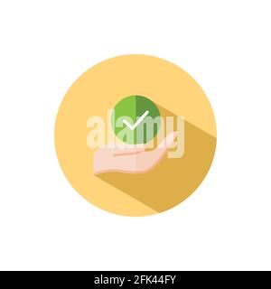 Hold hand check mark. Flat color icon in a circle. Commerce vector illustration Stock Vector