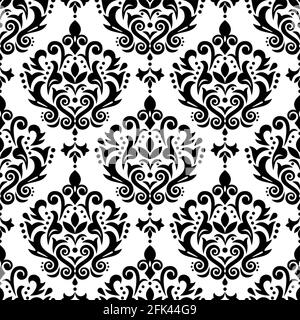 Damask elegant vector seamless pattern, victorian textile or fabric print design with flowers, swirls and leaves in black and white Stock Vector