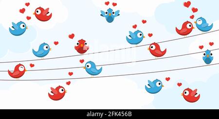 eps vector file with colored birds in love, sitting on strings, spring time, hanging hearts, background with sky and light clouds Stock Vector