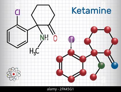 Ketamine molecule. It is used for anesthesia in medicine. Structural chemical formula and molecule model. Sheet of paper in a cage. Vector illustratio Stock Vector
