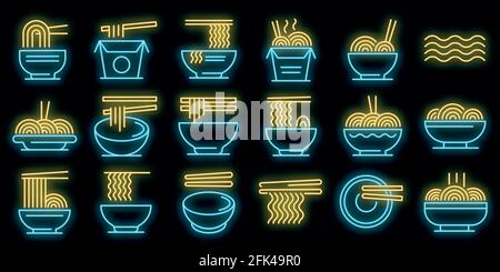 Ramen icons set. Outline set of ramen vector icons neon color on black Stock Vector