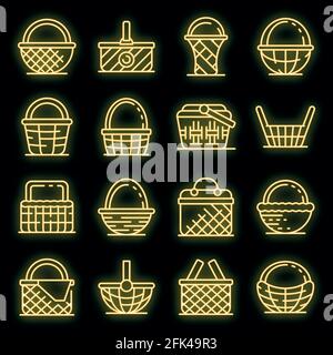 Wicker icons set. Outline set of wicker vector icons neon color on black Stock Vector