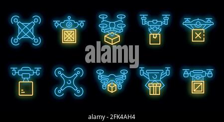 Drone delivery service icons set. Outline set of drone delivery service vector icons neon color on black Stock Vector