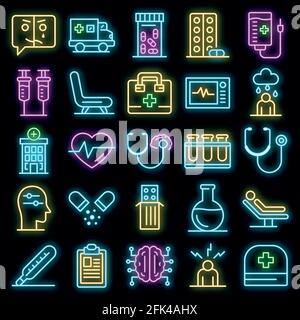 Mental hospital icons set. Outline set of mental hospital vector icons neon color on black Stock Vector