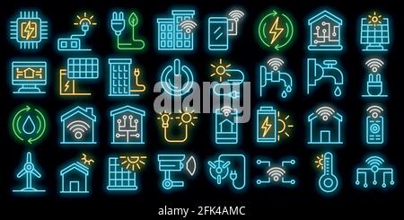 Autonomous house icons set. Outline set of autonomous house vector icons neon color on black Stock Vector