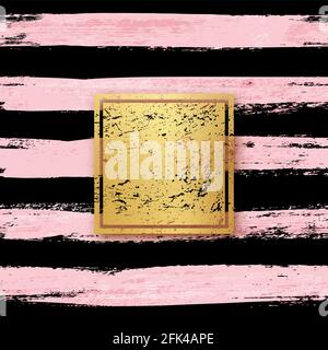 Golden foil with frame on black and pink brush background. Gold texture in square shape on smudged striped wallpaper in brushstrokes vector illustrati Stock Vector