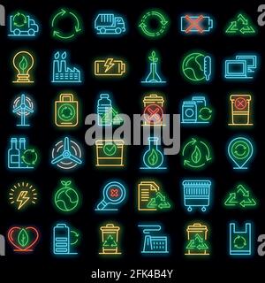 Recycling icons set. Outline set of recycling vector icons neon color on black Stock Vector