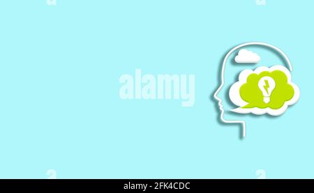 Human head with light bulb and thunder logo on blue background with copy space. Brainstorming concept illustration Stock Photo
