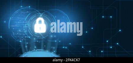 Cyber security concept. Lock symbol with lines and light spots connecting network on blue background, 3D Illustration. Stock Photo