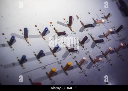 Toggle switches on a control panel of electrical logic machine on display at Science Museum in London Stock Photo